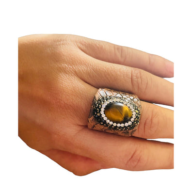 Γυναικείο Δαχτυλίδι Δερμάτινο με μικρούς κρυστάλους και πέτρα Tiger eye !!! R002