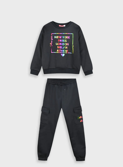 Fleece tracksuit set with print for girls | BLACK 16-124279-0
