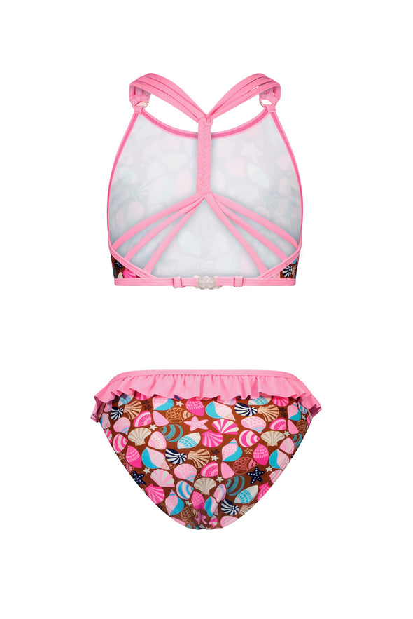 J302-5028 Girls aop bikini with braided backside and ruffle pants 575 - Ocean shells