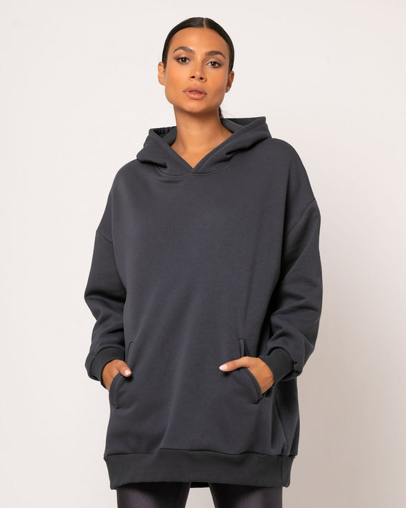 Μπλούζα φούτερ oversized μακρυμάνικη χνούδι με κουκούλα και τσέπες Ανθρακί 01-167