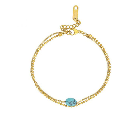Βραχιόλι Excite fashion Jewellery με τυρκουάζ πέτρα και διπλή αλυσίδα, από επιχρυσωμένο ανοξείδωτο ατσάλι (δεν μαυρίζει) B-72-38-1-G