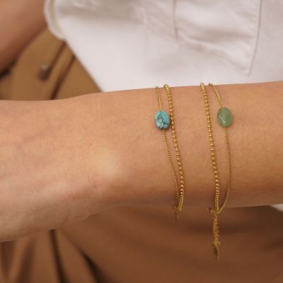 Βραχιόλι Excite fashion Jewellery με τυρκουάζ πέτρα και διπλή αλυσίδα, από επιχρυσωμένο ανοξείδωτο ατσάλι (δεν μαυρίζει) B-72-38-1-G