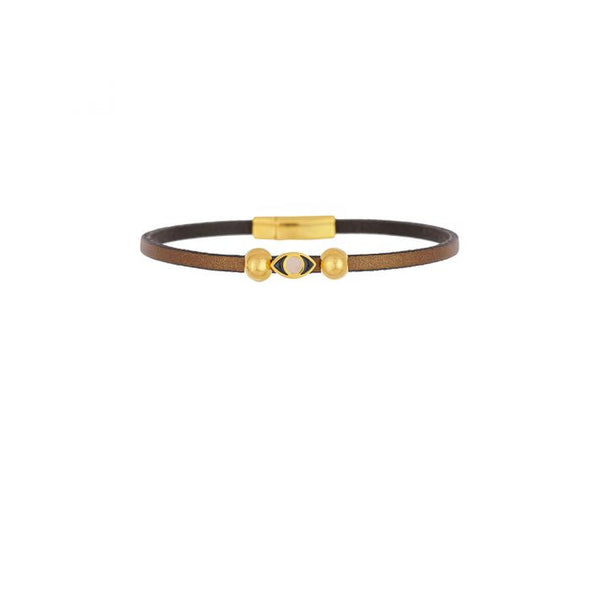 Δερμάτινο βραχιόλι Excite Fashion Jewellery, ματάκι με μαύρο και λευκό σμάλτο , και μεταλλικές χάντρες . BM-1700-01-06-59