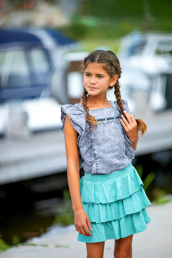 Girls chambray short sleeve blouse with knot 069 - power denim Y202-5141
