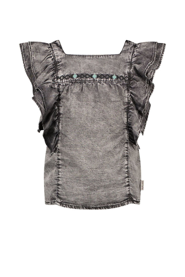 Girls chambray short sleeve blouse with knot 069 - power denim Y202-5141